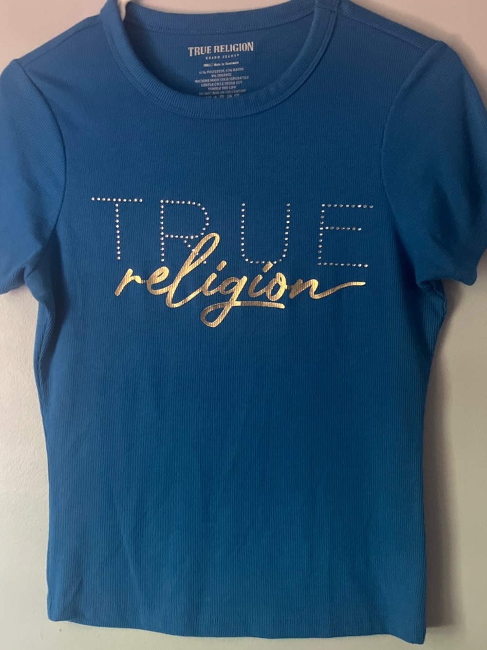 True Religion Teal Ribbed Logo Tee with Cream Print